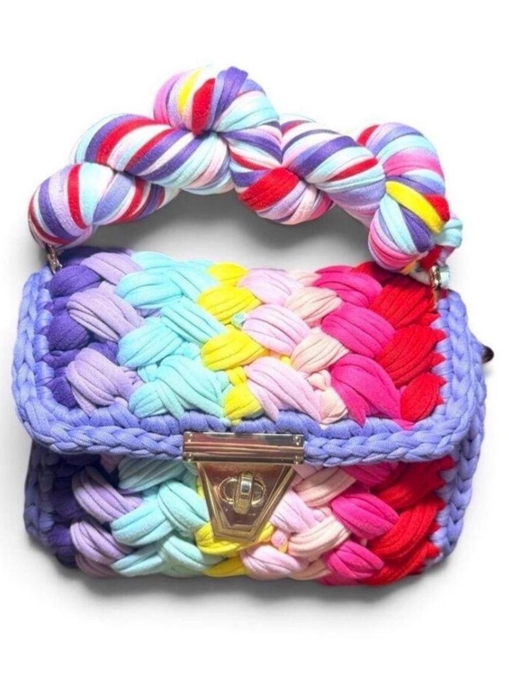 Rainbow Chunky Crochet Knit Mini Handbag Y2K Braided Handle